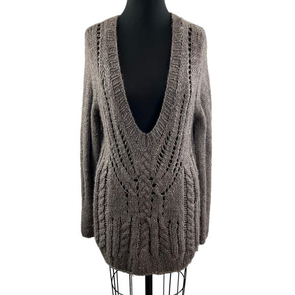 DUFFY Brown Gray Wool Alpaca Blend Cable Knit Deep V-Neckline Sweater Size L - Picture 1 of 9